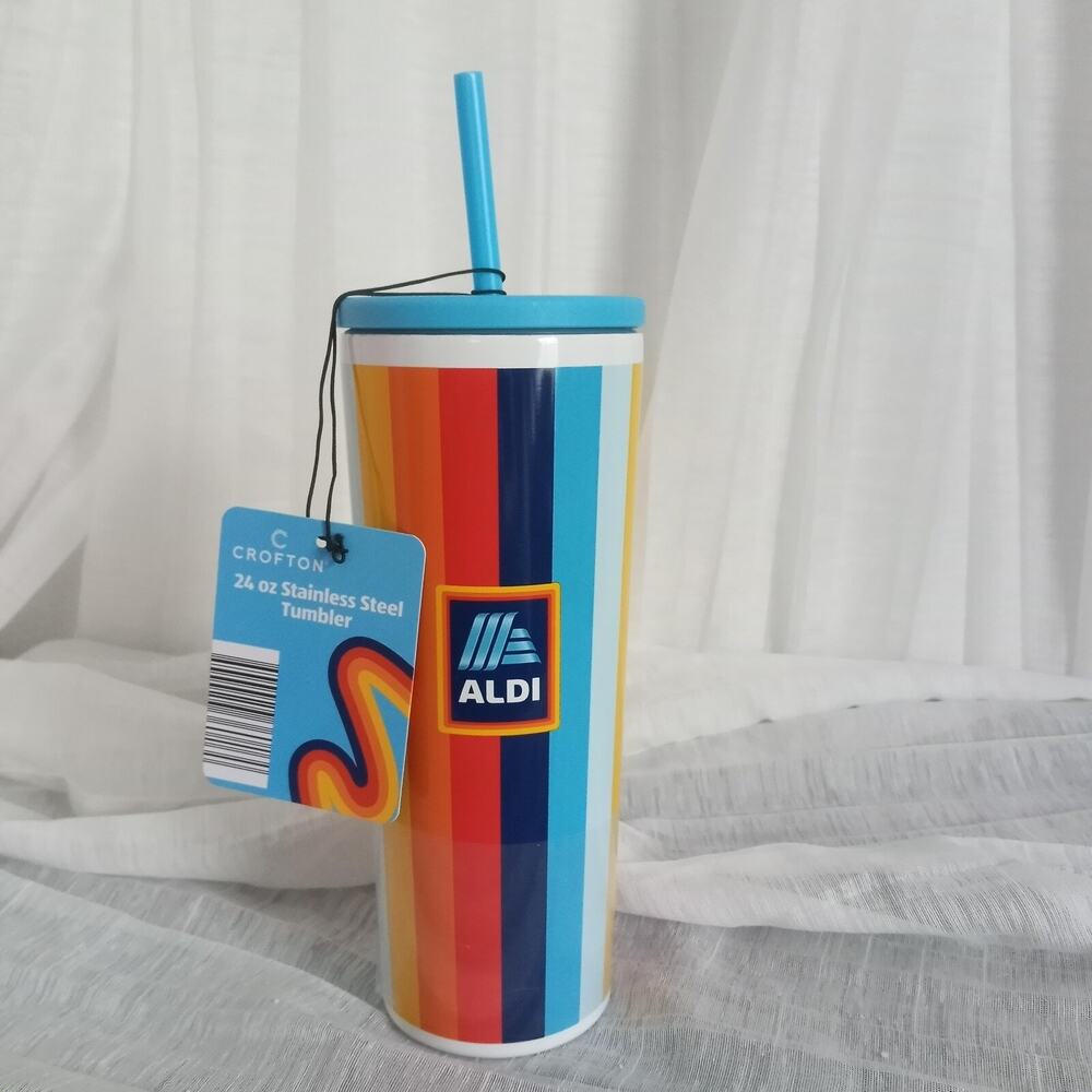 ALDI Super Fan Tumbler Stainless NEW Rainbow Stripes 2023 To Go Mug 24oz NWT
